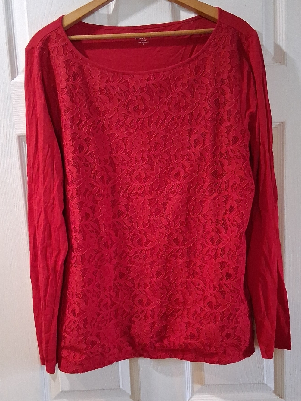 Loft Women's Red Lace Front Long-Sleeve Top Tshirt